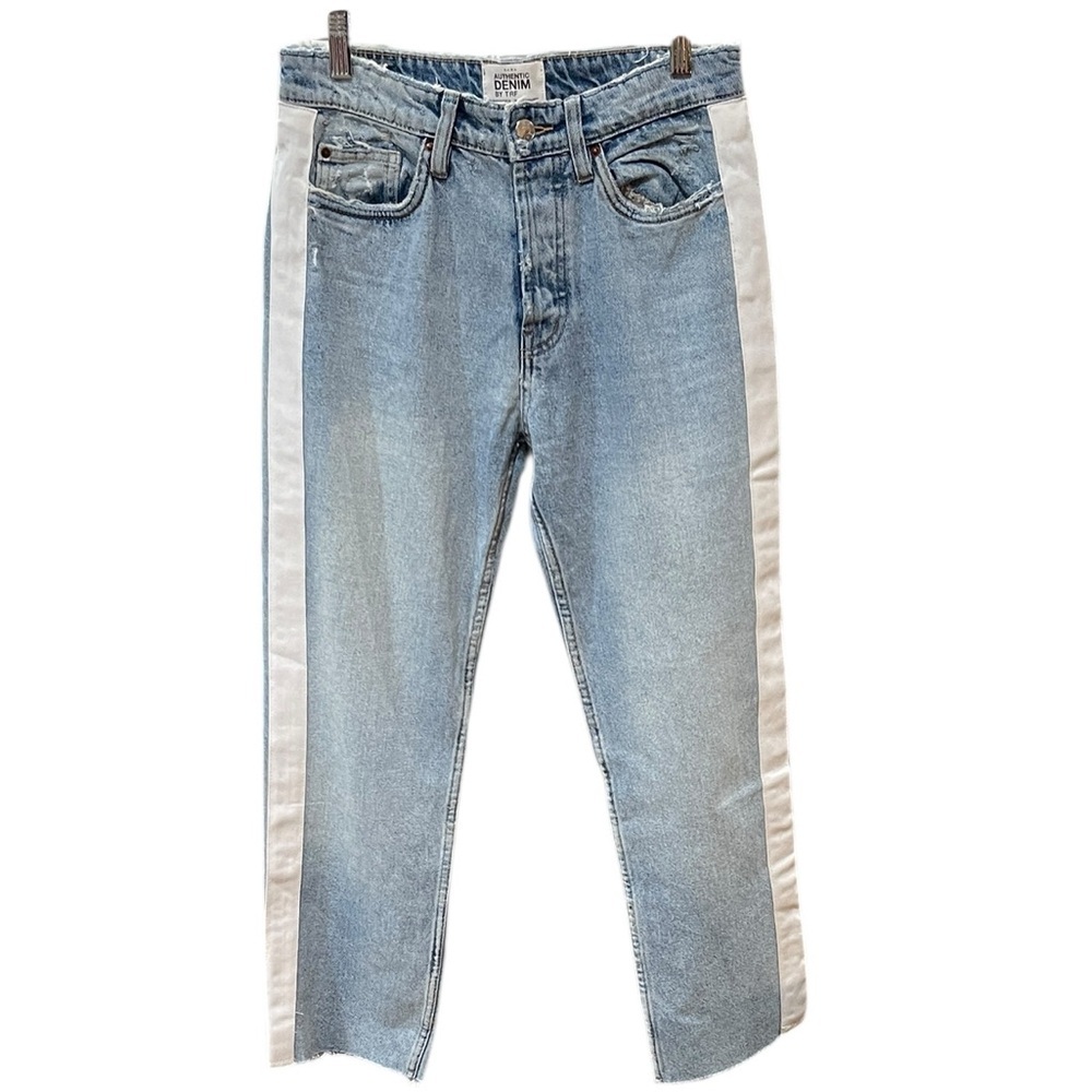 Zara TRF Straight Leg Side Stripe Ankle Jeans SZ 4 Blue White